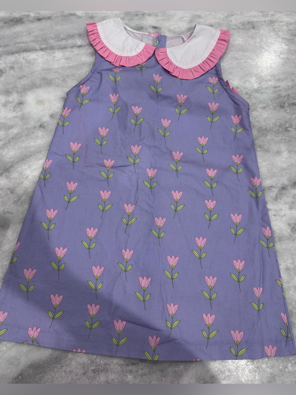Girls Lavender Floral A-Line Dress with Pink Trim Collar